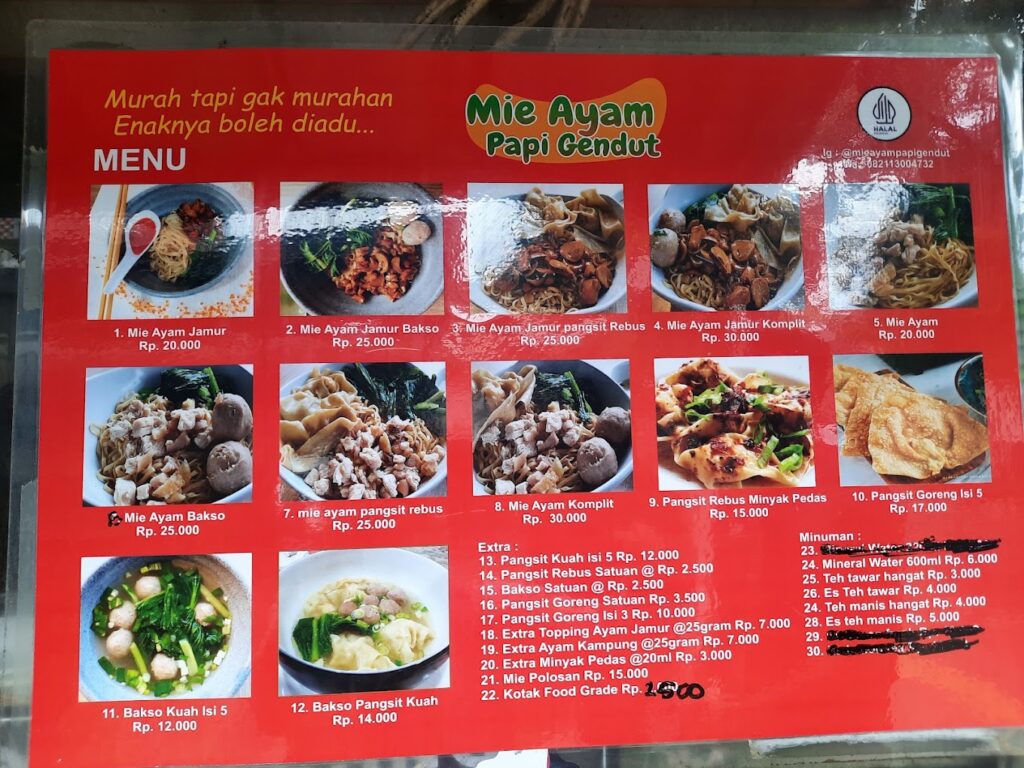 Daftar Harga Mie Ayam Papi Gendut Tebet