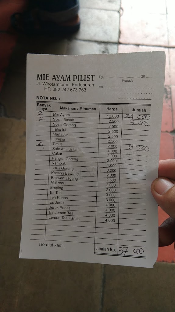 Daftar Harga Menu Mie Ayam Pilist Solo