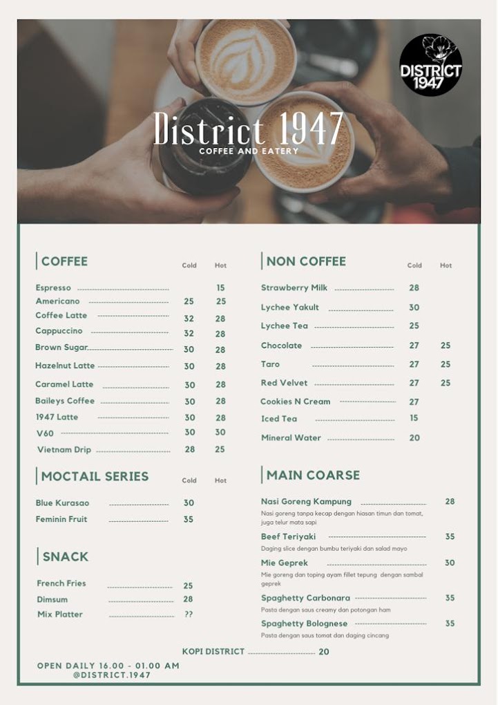 Harga Menu District 1947 Cafe Rooftop Jakarta Timur